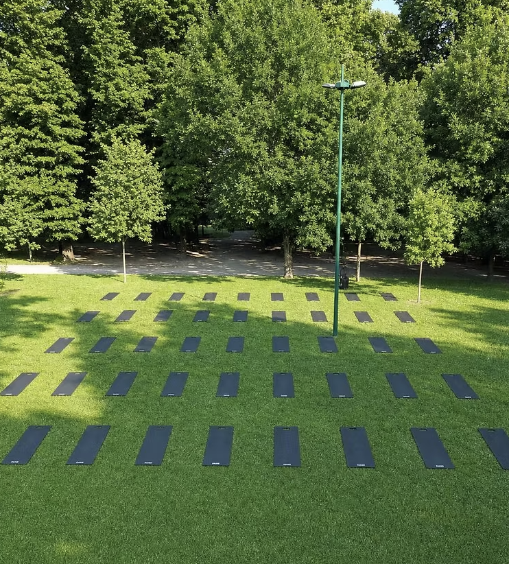 Tappetini yoga allineati nel parco per un evento all'aperto