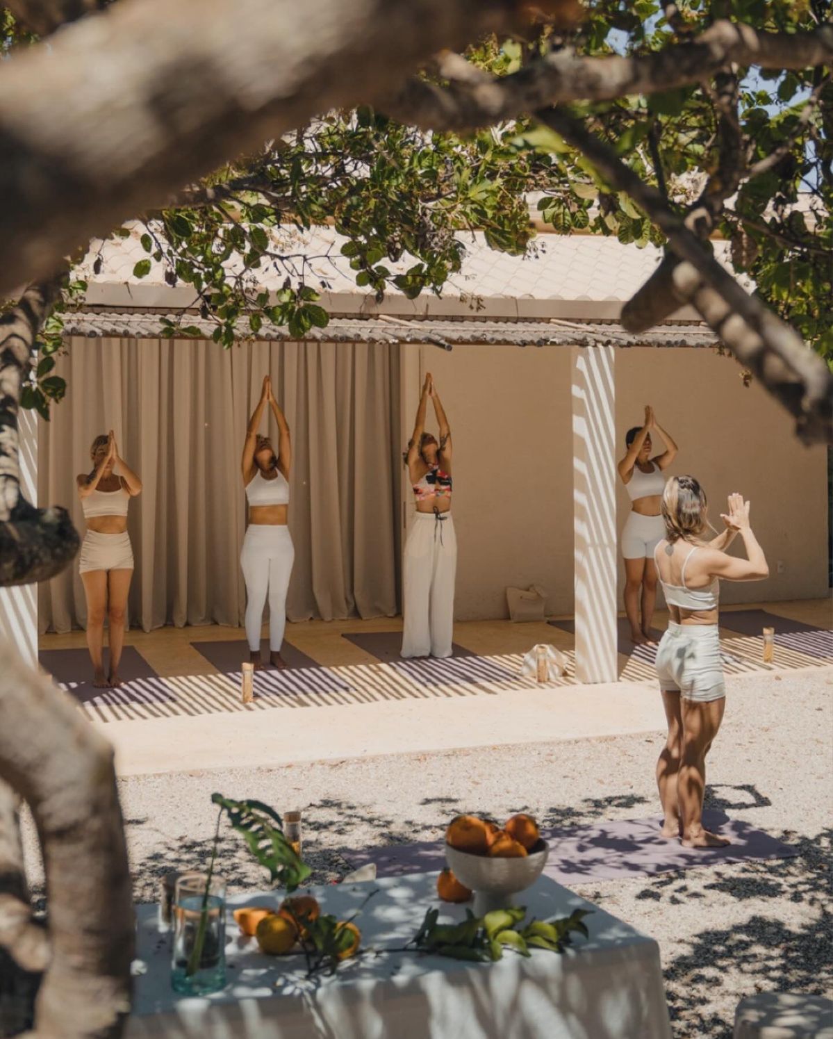 Gruppo di donne in pratica di yoga all'aperto sotto un pergolato