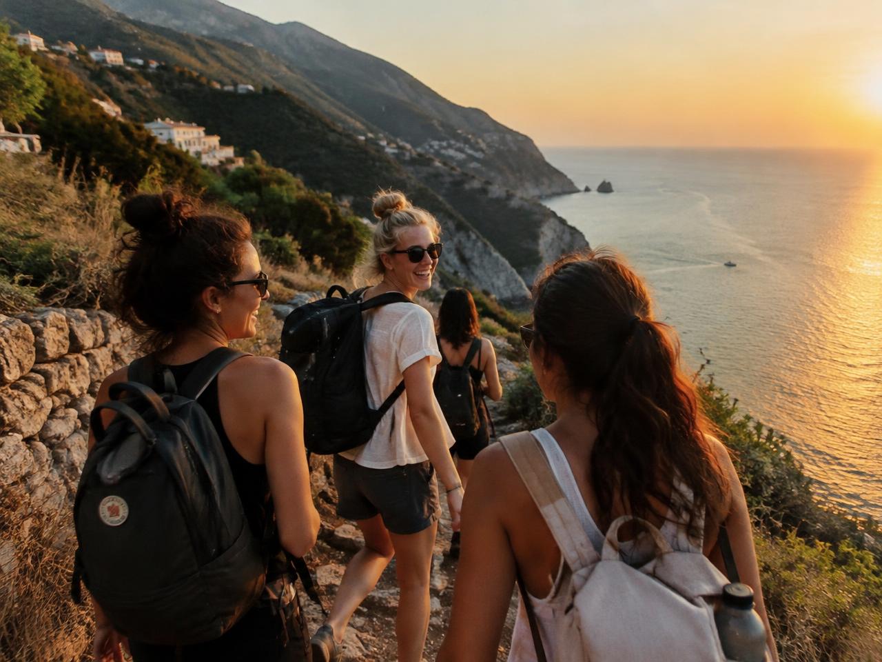 Amiche in cammino su un sentiero sul mare al tramonto